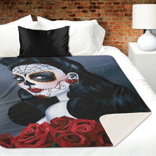 Maria Sugar Skull Red Roses Sherpa Deken