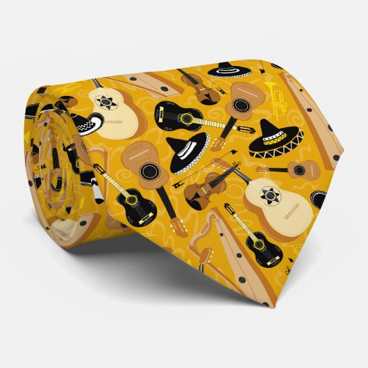 Mariachi Band Cartoon Instrument Pattern Mustard Stropdas (Opgerold)