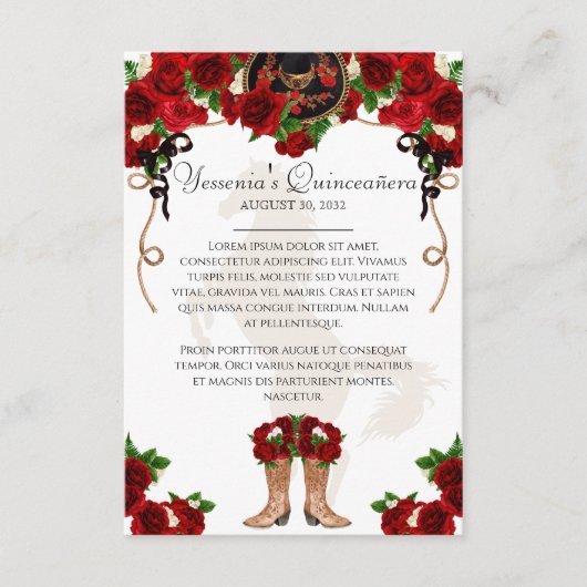 Mariachi Charro Red Rose Quinceanera Info Informatiekaartje (Voorkant)