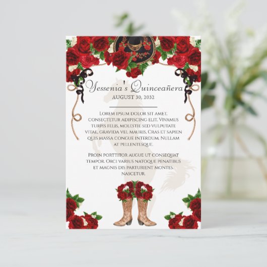 Mariachi Charro Red Rose Quinceanera Info Informatiekaartje (Staand voorkant)