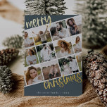 MARIAH Blauw Goud Folie Fun Multi Foto Kerst Folie Feestdagenkaart<br><div class="desc">MARIAH Blue Folie Fun Multi Foto Kerst Folie Vakantie Kaart. Personaliseer de voorkant van de kaart met 10 foto's,  je familienaam en het jaar. Personaliseer de achterkant met een optionele vakantiebegroeting of familienieuws en uw familienaam.</div>