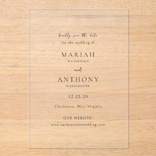 Mariah Minimal Elegant Wedding Save the Date Acryl Uitnodigingen (Voorkant)