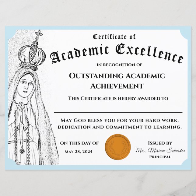 Marian Academic Achievement Certificaat (Voorkant)