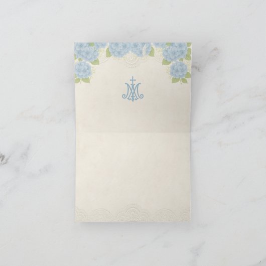 Marian Blue Hydrangea en Kant Katholieke Notecard Bedankkaart (Binnen)