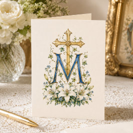 Marian Kruis Blauwe Bloemrijke Schrift Monogram Bedankkaart
