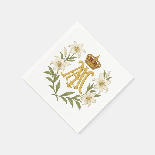 Marian Monogram Gold Crown White Lily Catholic  Servet (Hoek)
