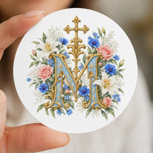 Marian Monogram Katholieke Blauwe Bloemen Ronde Sticker