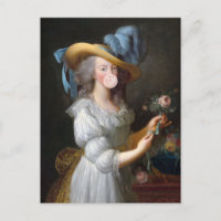 Marie Antoinette die een roze kauwgomblaas blaast