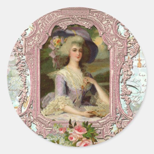 Marie Antoinette in het roze Lijst Ronde Sticker (Voorkant)