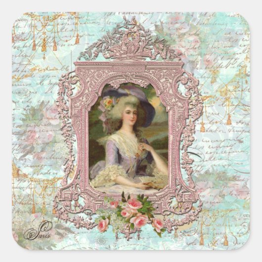 Marie Antoinette in het roze Lijst Vierkante Sticker (Voorkant)