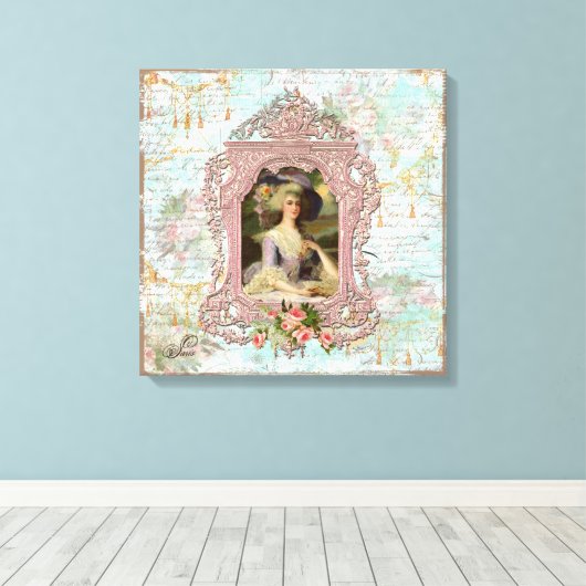 Marie Antoinette ingelijst in roze Canvas Afdruk (Insitu (Houten vloer))