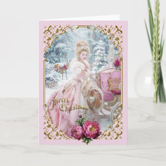 Marie Antoinette Pink carriage deer Christmas card (Voorkant)