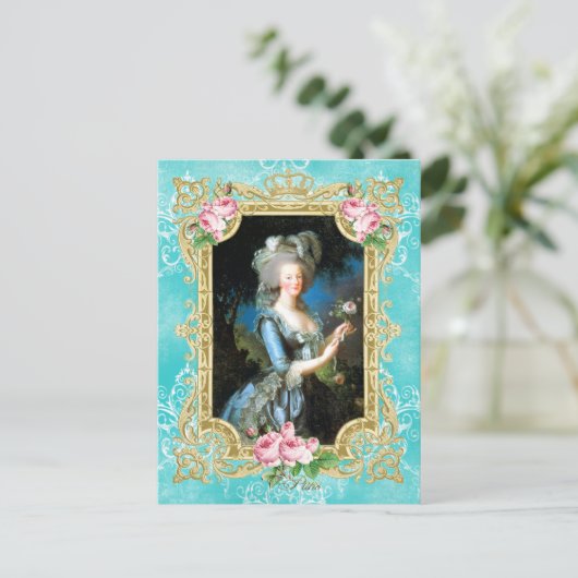Marie Antoinette Portret Blauw Damask Briefkaart (Staand voorkant)