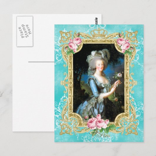 Marie Antoinette Portret Blauw Damask Briefkaart (Voorkant / Achterkant)