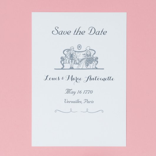 Marie Antoinette Rococo Blue Save the Date Kaart