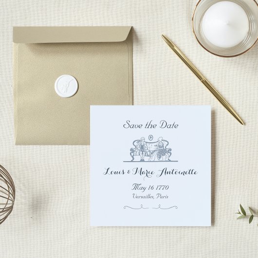 Marie Antoinette Rococo Dusty Blue Save the Date Notitiekaartje