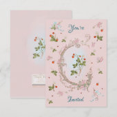 Marie Antoinette Roze Aardbei Uitnodiging (Voorkant / Achterkant)