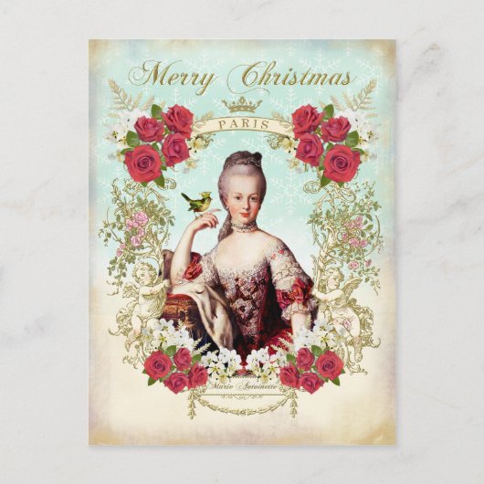 Marie Antoinette Vogel Rode Rozen Kerstkaart Feestdagenkaart (Voorkant)
