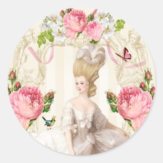 Marie Antoinette White Dress& Pink Roses Ronde Sticker (Voorkant)