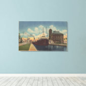 Marie, MI - Uitzicht van Freighter die MacArthur v Canvas Afdruk (Insitu (Houten vloer))