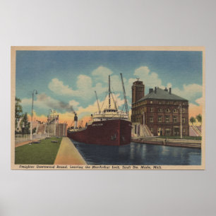 Marie, MI - Uitzicht van Freighter die MacArthur v Poster