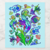 Marien leven, exotische visserij en zeepaarden wijn etiket (Enkel label)