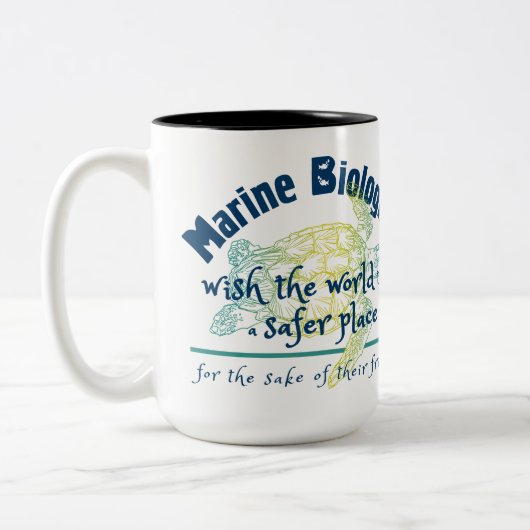 Mariene bioloog wil dat de wereld veiliger wordt tweekleurige koffiemok (Links)