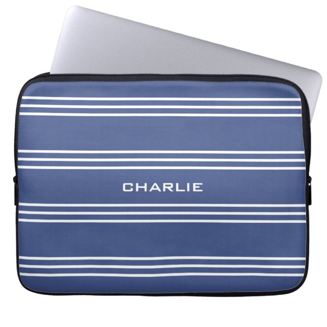 Mariene blauwe stripes, aangepaste monogram laptop sleeve (Voorkant)