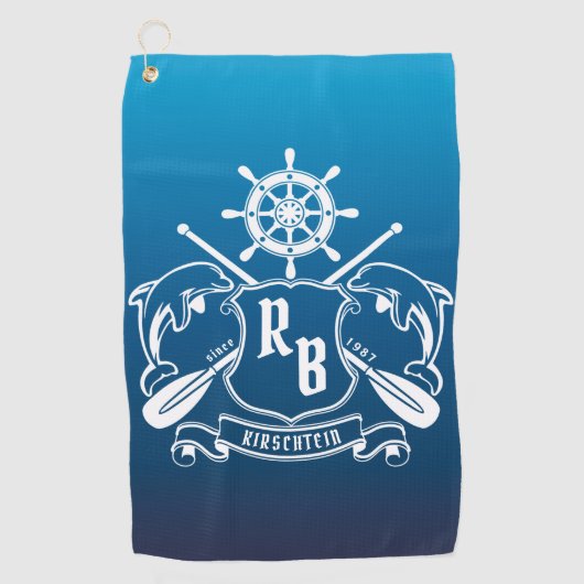 Mariene Insignia Dolphins Helm Oars Shield Nautica Golfhanddoek (Voorkant)