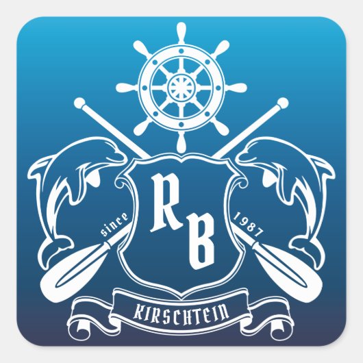 Mariene Insignia Dolphins Helm Oars Shield Nautica Vierkante Sticker (Voorkant)