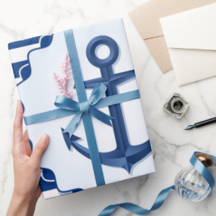 Mariene thema Blauw en witte streep met anker Cadeaupapier