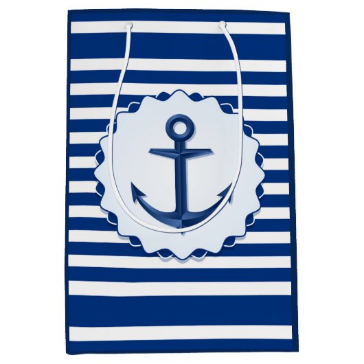 Mariene thema Blauw en witte streep met anker Medium Cadeauzakje (Voorkant)
