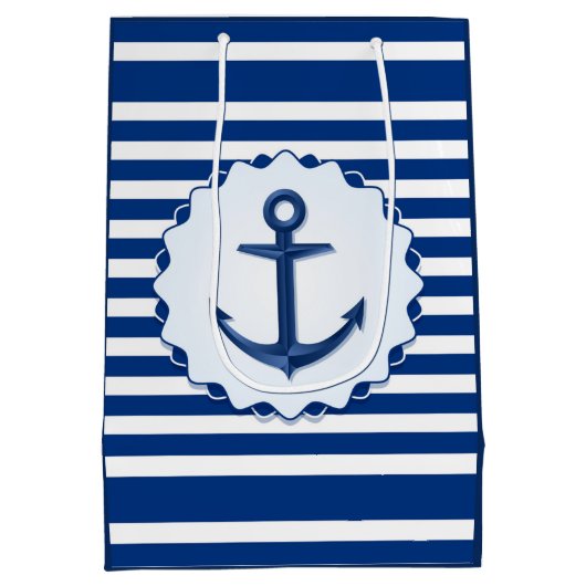 Mariene thema Blauw en witte streep met anker Medium Cadeauzakje (Achterkant)