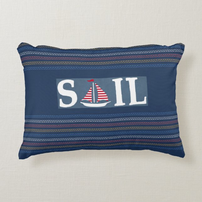 Mariene themablauwe Oceaan Regatta Stripe Rope Lin Accent Kussen (Voorkant)