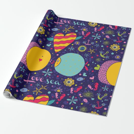 Mariene Theme Anchor Fish Starfish Seahorse Cadeaupapier (Uitgerold)