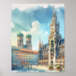 Marienplatz München Duitsland Waterverf Poster