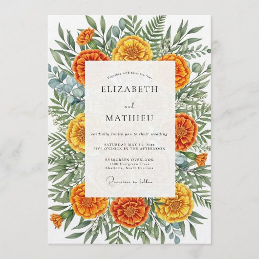 Marigold Artistic Botanical Wedding Kaart (Voorkant)