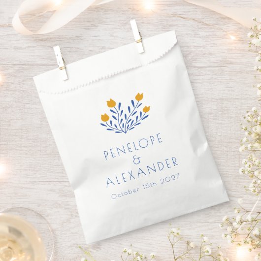 Marigold Blauwe Folk Bloemige Persoonlijke Trouwda Bedankzakje (Geknipt)