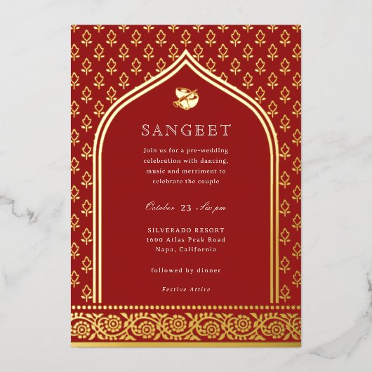 Marigold Bloem Indische Bloem Sangeet Goud Folie Uitnodiging (Voorkant)