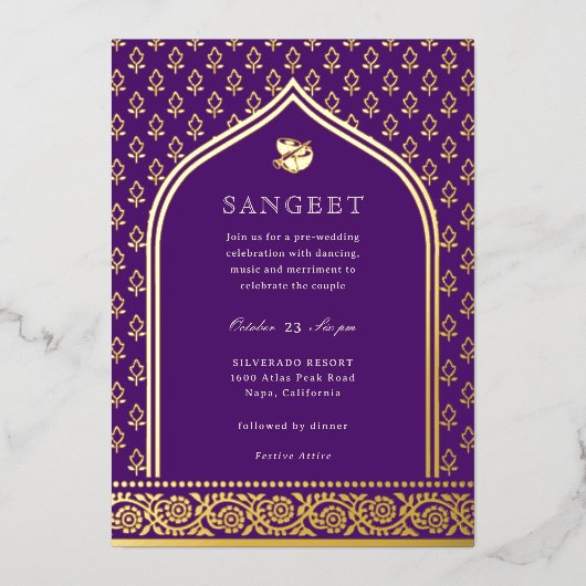 Marigold Bloem Indische Bloem Sangeet Goud Folie Uitnodiging (Voorkant)