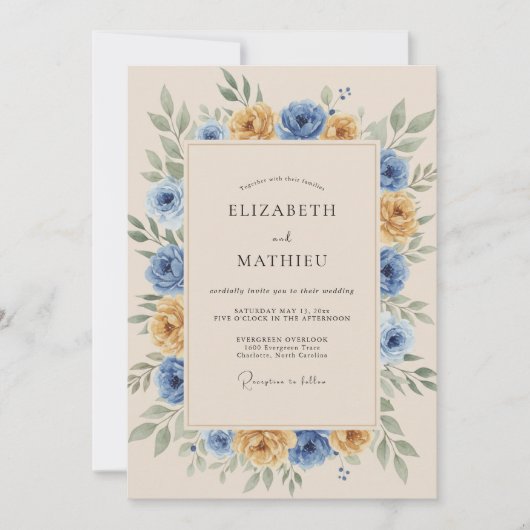 Marigold Blue Rustic Botanical Wedding Kaart (Voorkant)