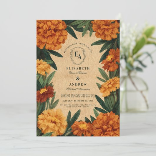  Marigold Botanische platteland bruiloft Kaart (Staand voorkant)