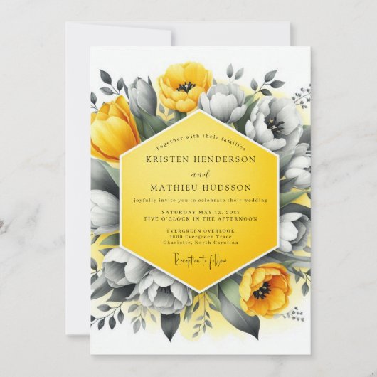 Marigold Charcoal Bloom Wedding Kaart (Voorkant)