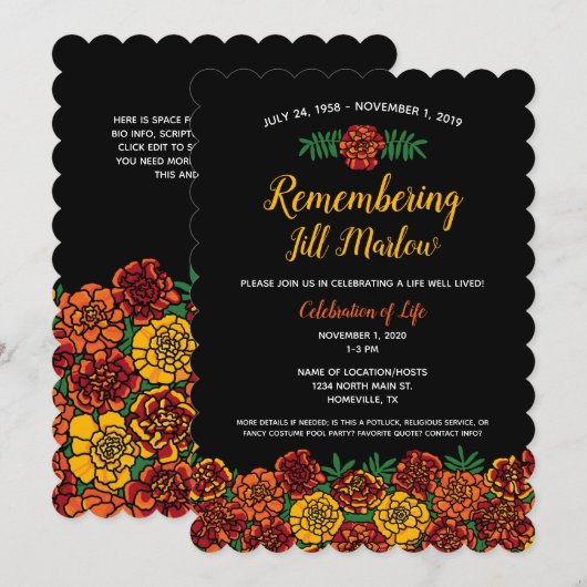 Marigold Floral Memorial Service Celebration Black Kaart (Voorkant / Achterkant)