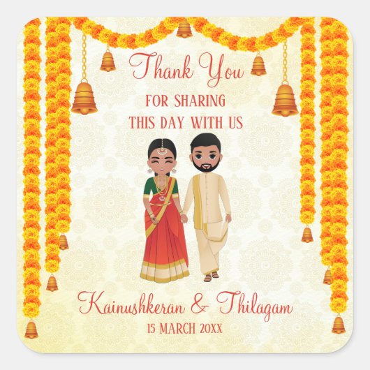 Marigold garlands bells met Tamil Telugu bruiloft Vierkante Sticker (Voorkant)