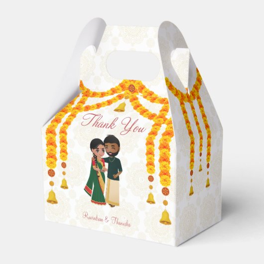 Marigold garlands bells met Tamil Telugu op maat Bedankdoosjes (Achterkant)