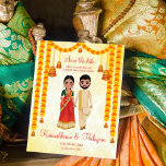 Marigold garlands bells Tamil Telugu op de datum<br><div class="desc">Marigold garlands en klokken met Tamil Telugu als illustratie bruidskoppel in traditionele kleren,  redden de datum van de Zuid-Indiase bruiloft.</div>