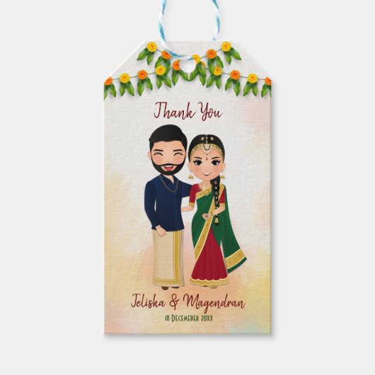 Marigold garlands met een hindoekoppel Tamil bruil Cadeaulabel (Voorkant)