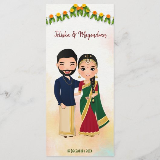 Marigold garlands met een hindoekoppel Tamil bruil Menu (Achterkant)