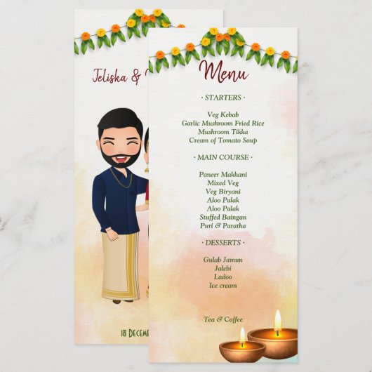 Marigold garlands met een hindoekoppel Tamil bruil Menu (Voorkant / Achterkant)